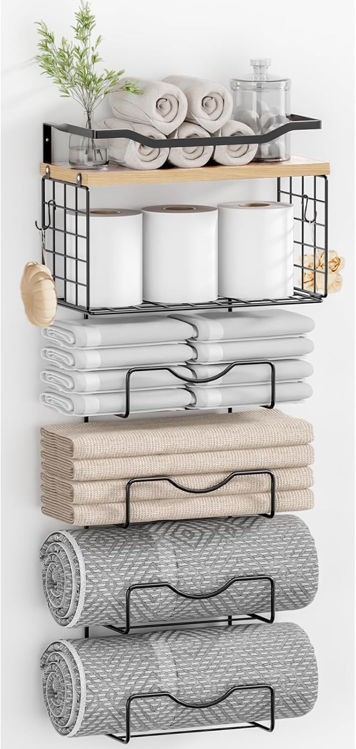 Towel Racks for Bathroom,Towel Rack Wall Mounted, 6 Tier Rolled Or Folded Towel Holder with Floating Shelves, Bathroom Towel Holder for Bath, Hand Towels,Metal and Wood