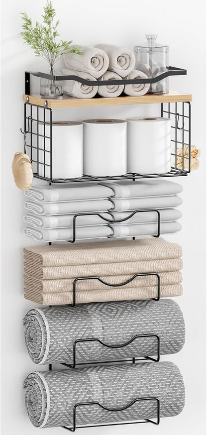 Towel Racks for Bathroom,Towel Rack Wall Mounted, 6 Tier Rolled Or Folded Towel Holder with Floating Shelves, Bathroom Towel Holder for Bath, Hand Towels,Metal and Wood
