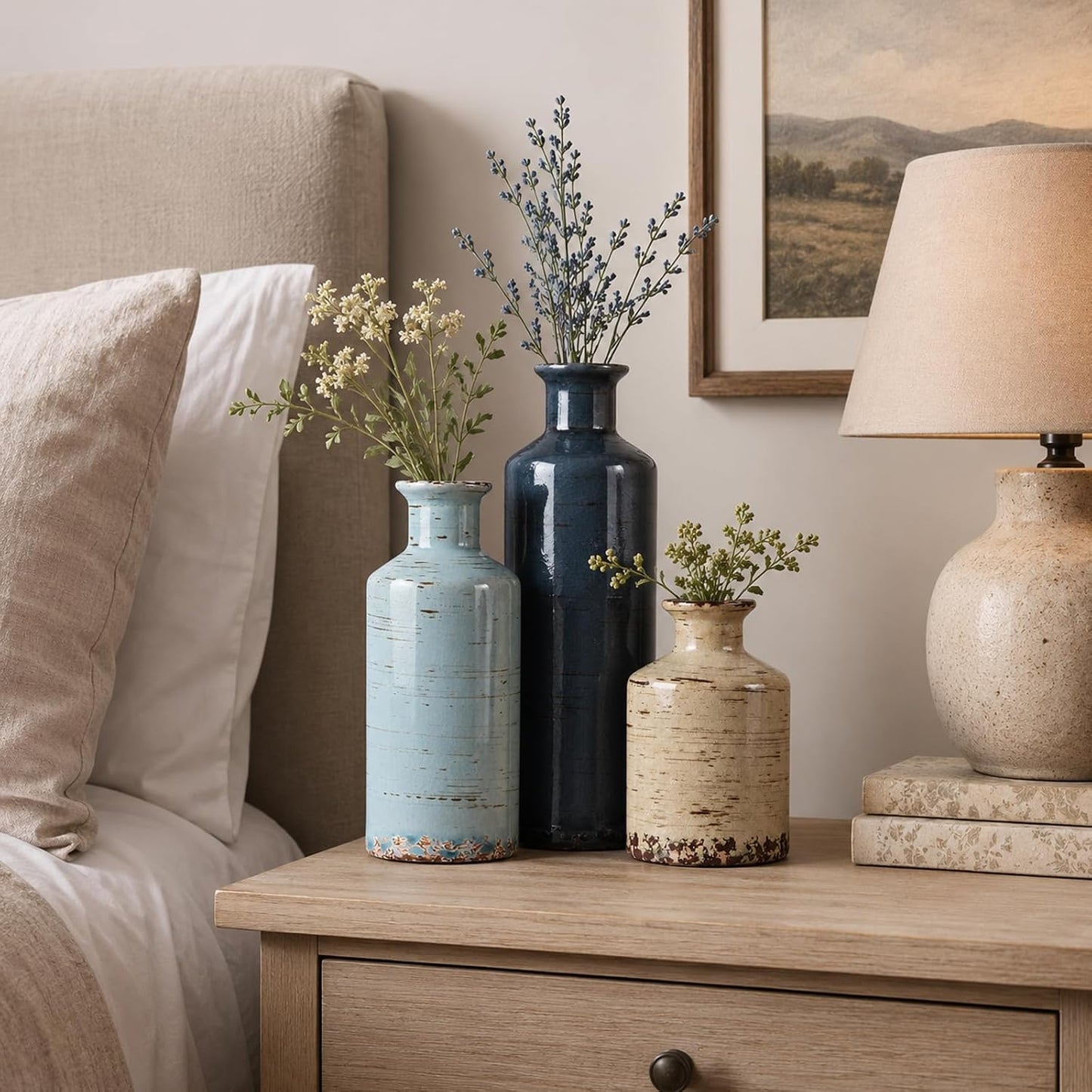 Ceramic Vase Set of 3 – Small Flower Vases, Modern Farmhouse Boho Flower Vases for Home Decor, Rustic Pottery Vases for Centerpieces, Living Room, Shelf, Fireplace, Entryway Decor, Table or Cabinet