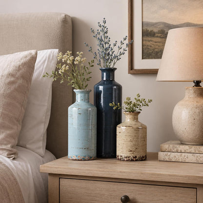 Ceramic Vase Set of 3 – Small Flower Vases, Modern Farmhouse Boho Flower Vases for Home Decor, Rustic Pottery Vases for Centerpieces, Living Room, Shelf, Fireplace, Entryway Decor, Table or Cabinet