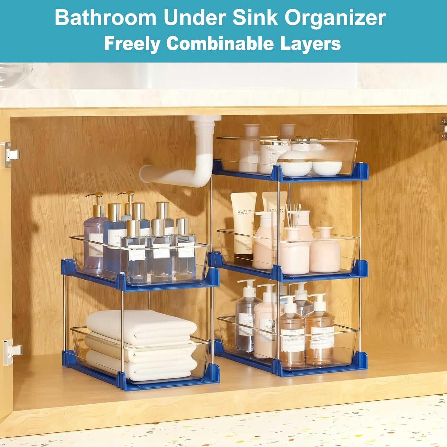 2 Pack Bathroom Organizer,2 Tier Blue Under Sink Organizers Vanity Countertop Storage Container,Cabinet Drawers Bins, Pull-Out Organization with Track for Pantry, Kitchen