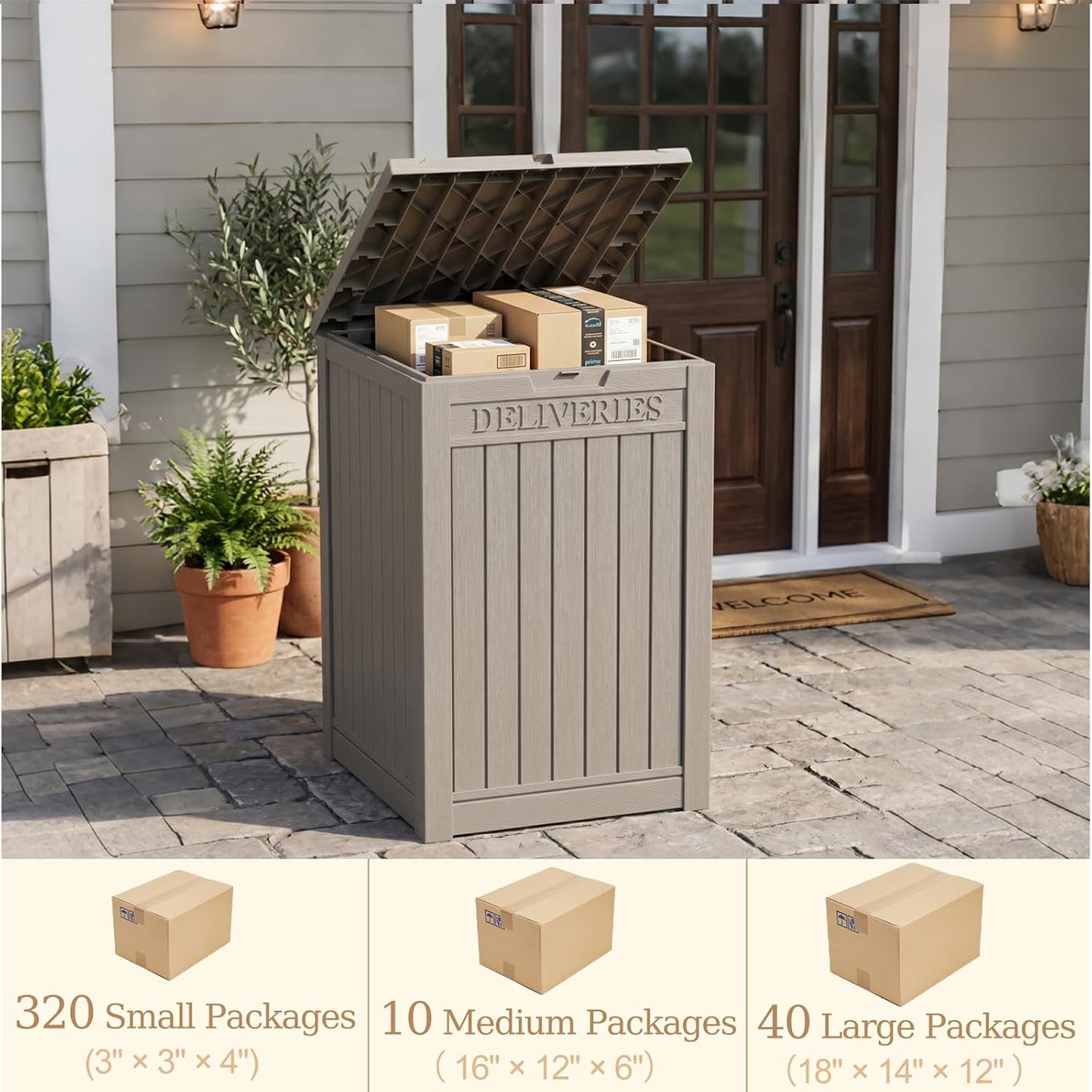Outdoor Storage Box, 90 Gallon Package Delivery Boxes for Outside, with Lockable Secure, Deck Box Outdoor Waterproof for Entryway, Front Porch, Backyard, Garden, Patio, Lawn, Black