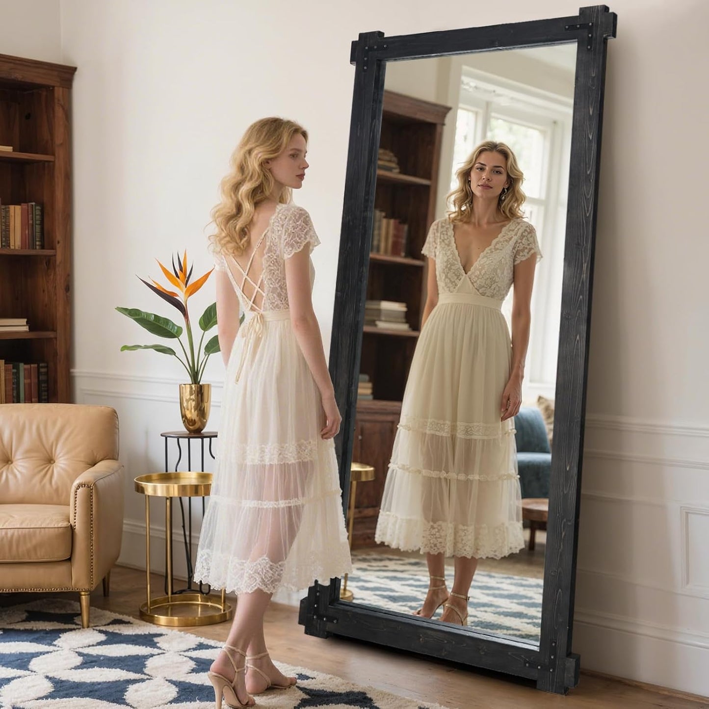 65x24 Inch Full Length Mirror, Pine Frame Full Body Standing Mirror with Metal Decorative, Black