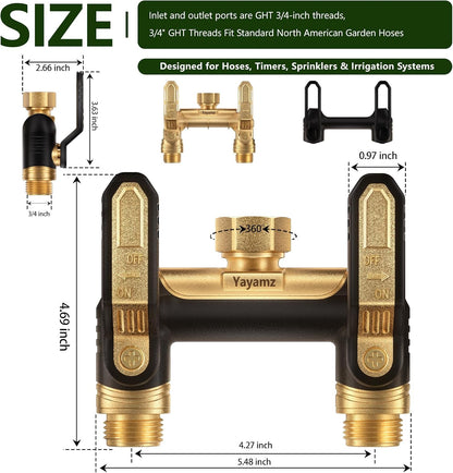 Garden Hose Splitter 2 Way,Heavy Duty All Metal Water Hose Y Splitter | Shut Off Valves,3.6" Easy-Turn Handles,Full Flow Leak-Resistant 3/4" GHT Outdoor Faucet Splitter for Lawn,Garden & Irrigation