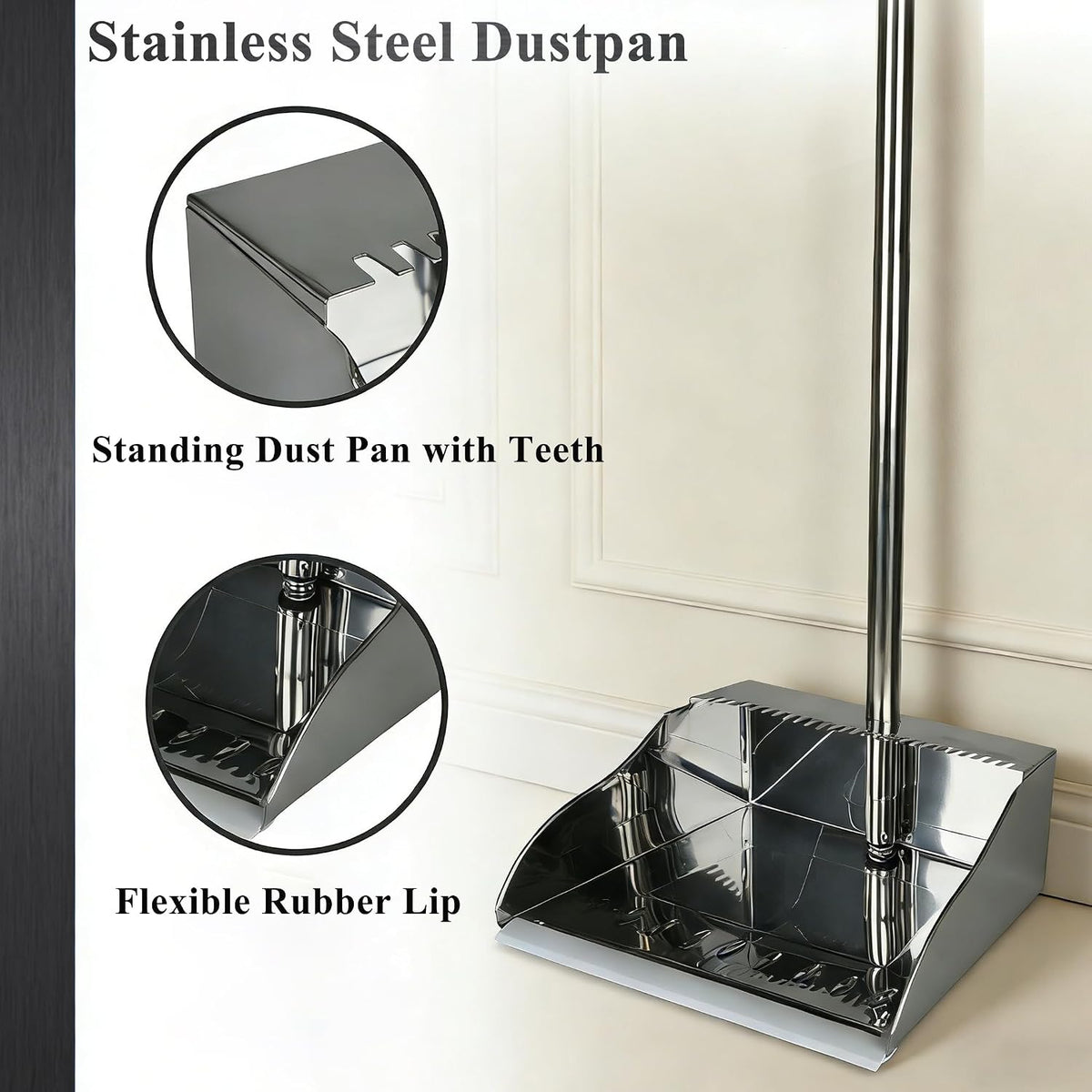 Stand Up Metal Dustpan & Stiff Bristle Broom Set–Heavy Duty for Yard, Patio | No-bend stand up design / Heavy duty metal dustpan with teeth / 4-layer stiff Bristle broom / For outdoor floor sweeping
