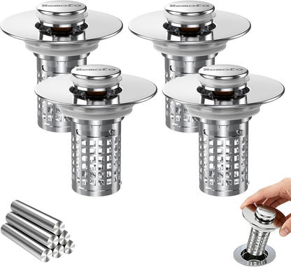 Bathroom Sink Drain Strainer(2PCS), Stainless Steel Pop-up Strainer Basket Hair Catcher with Removable Basket, Brass Bullet Core, Universal Fit 1.1-2.36 Inch