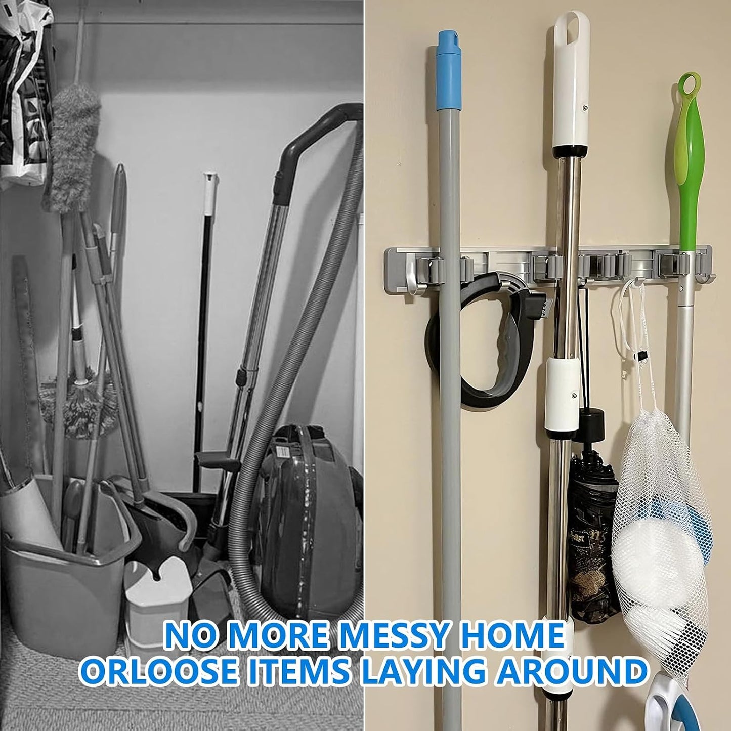 reliahom Broom Holder Wall Mount Mop Hanger Tools organizer 4Racks 5Hooks | Adjustable Mop Broom Wall Hanging Heavy duty Tools Storage Rack Space-saving for Garage,Kitchen,Laundry Room,Garden, Silver