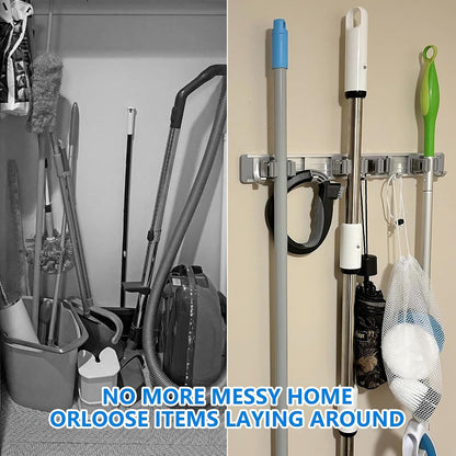 reliahom Broom Holder Wall Mount Mop Hanger Tools organizer 4Racks 5Hooks | Adjustable Mop Broom Wall Hanging Heavy duty Tools Storage Rack Space-saving for Garage,Kitchen,Laundry Room,Garden, Silver