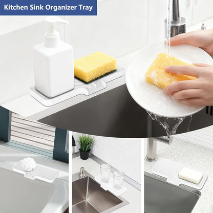 JACZZO Silicone Sponge Holder for Kitchen Sink, (10x4 In) Sink Caddy with Drain Spout, Self Draining Soap Tray & Organizer, Kitchen Accessories,Bathroom Organizer, Easy to Clean (Grey)