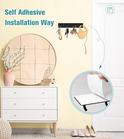 RELBRO Key Holder Wall Mount, Large Metal Self Adhesive Key Rack with 4 Hooks, 2 Installation Options, Black