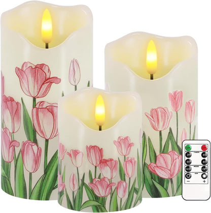 Flameless Candles Lights, Set of 3 Flickering LED Candles with Remote & Timer, Dimmable Electric Pillar Candles Battery Operated, Green Candles for Home St. Patrick’s Day Christmas Decor (Green)