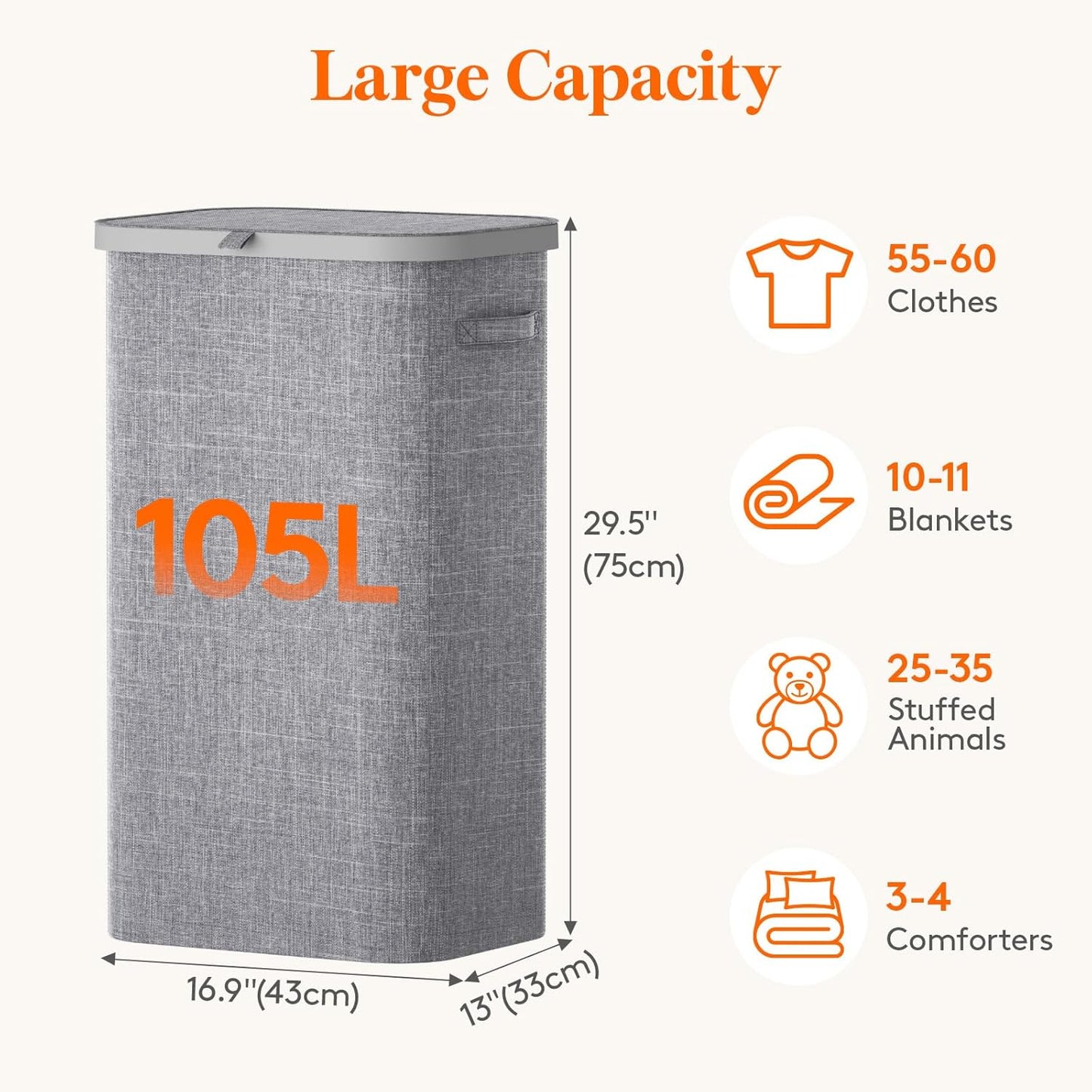 Lifewit 165L Large Laundry Basket with Lid, Laundry Hamper with Plastic Handles and Removable Bag, Foldable Tall Dirty Clothes Hampers for Laundry for Laundry Room, Bedroom, Bathroom, Dorm, Beige