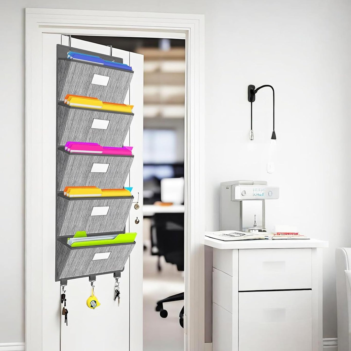 homyfort Over the Door File Organizer, Wall Hanging File Folders with 5 Large Pocket for Mails, Magazines, Back to School Supplies,Office Chart Storage, Paper Organization (Grey)