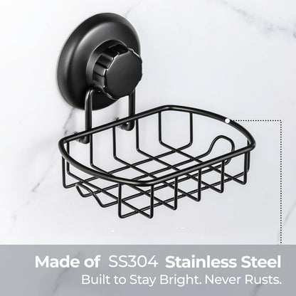 HASKO 2 Pack Suction Cup Soap Dish for Shower Wall, Rustproof Stainless Steel, Shower Soap Holder with Hooks, Includes Optional No Drill Adhesive Mount for Bathroom, 2 Soap Savers, Black