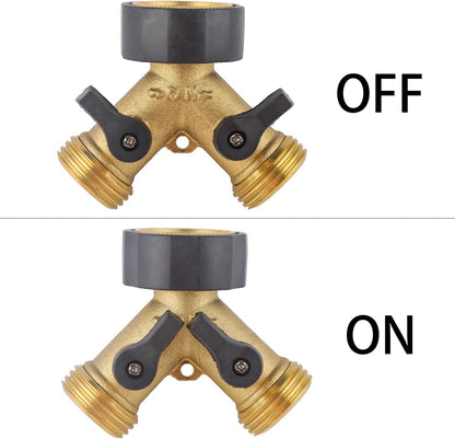 Garden Hose Splitter 2 Way Heavy Duty, Brass Faucet Adapter With Rubber Grip Handle For Gardening Water Hose Shut Off Valve Hose Connector Fittings Outdoor Water Spigot Hose Bib Y Splitter