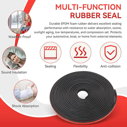 Ribbed Foam Rubber Seal, EPDM Rubber Weather Stripping with 3M 4011 Acrylic Foam Tape Self-Adhesive Bulkhead Seal Gasket Strip for Garage Door/Window/RV/Boat/Automotive/Marine (0.5" W, 25Ft)