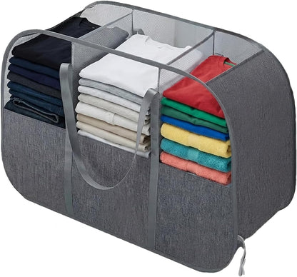 150L Collapsible Laundry Basket, 3-Compartment Foldable Hamper with Handles, Durable & Lightweight Clothes Organizer for Laundry Room, Dorm, Travel - Grey