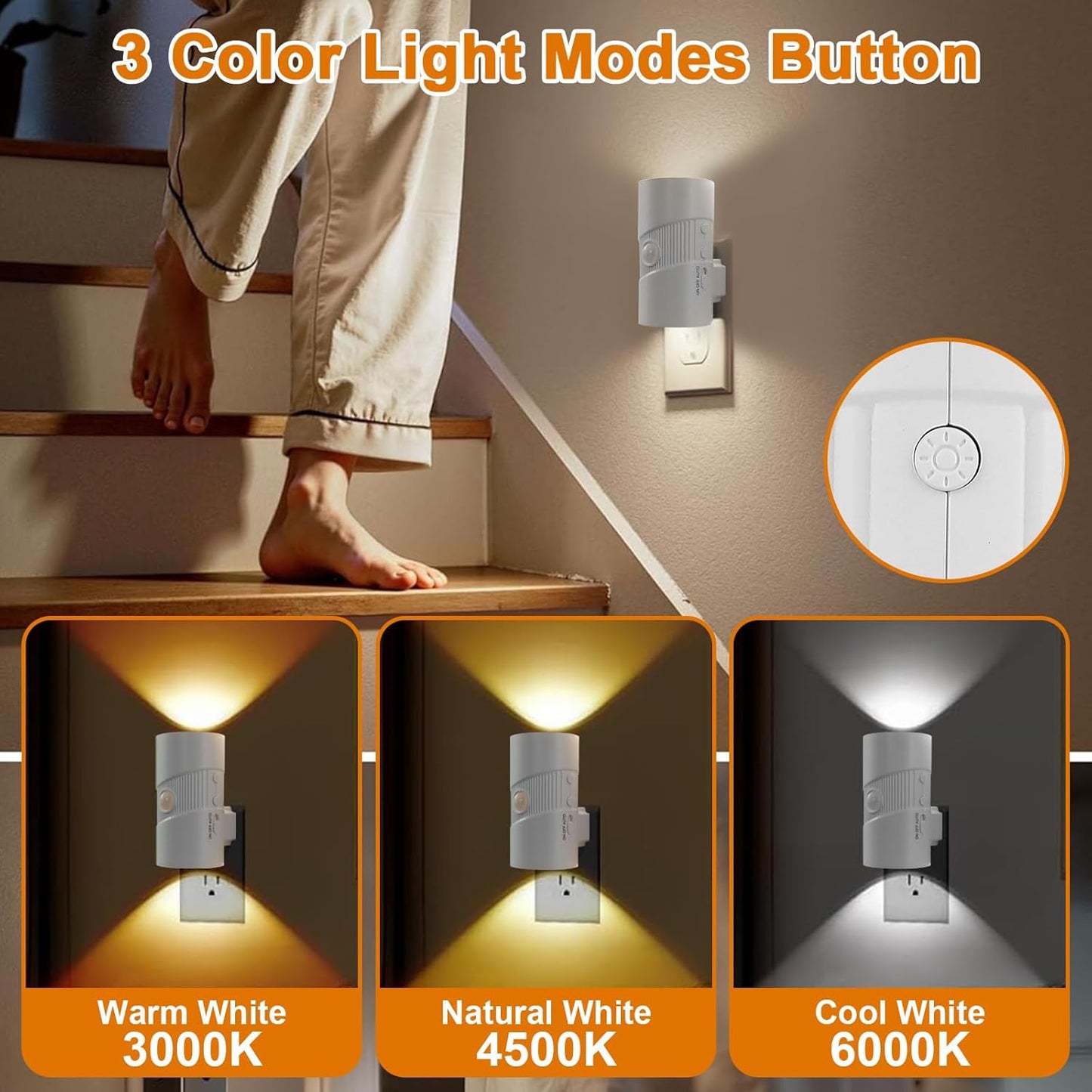 LED Night Light Plug in, Modern Night Lights Plug into Wall, Motion Activated Night Light, 0-100LM Soft White 3000K, Adjustable Brightness Night Lights for Hallway Bedroom Stairway, 2 Pack