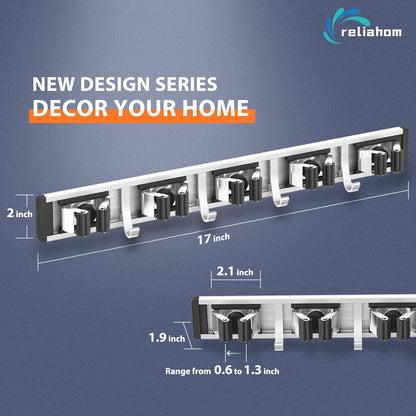 reliahom Broom Holder Wall Mount Mop Hanger Tools organizer 4Racks 5Hooks | Adjustable Mop Broom Wall Hanging Heavy duty Tools Storage Rack Space-saving for Garage,Kitchen,Laundry Room,Garden, Silver