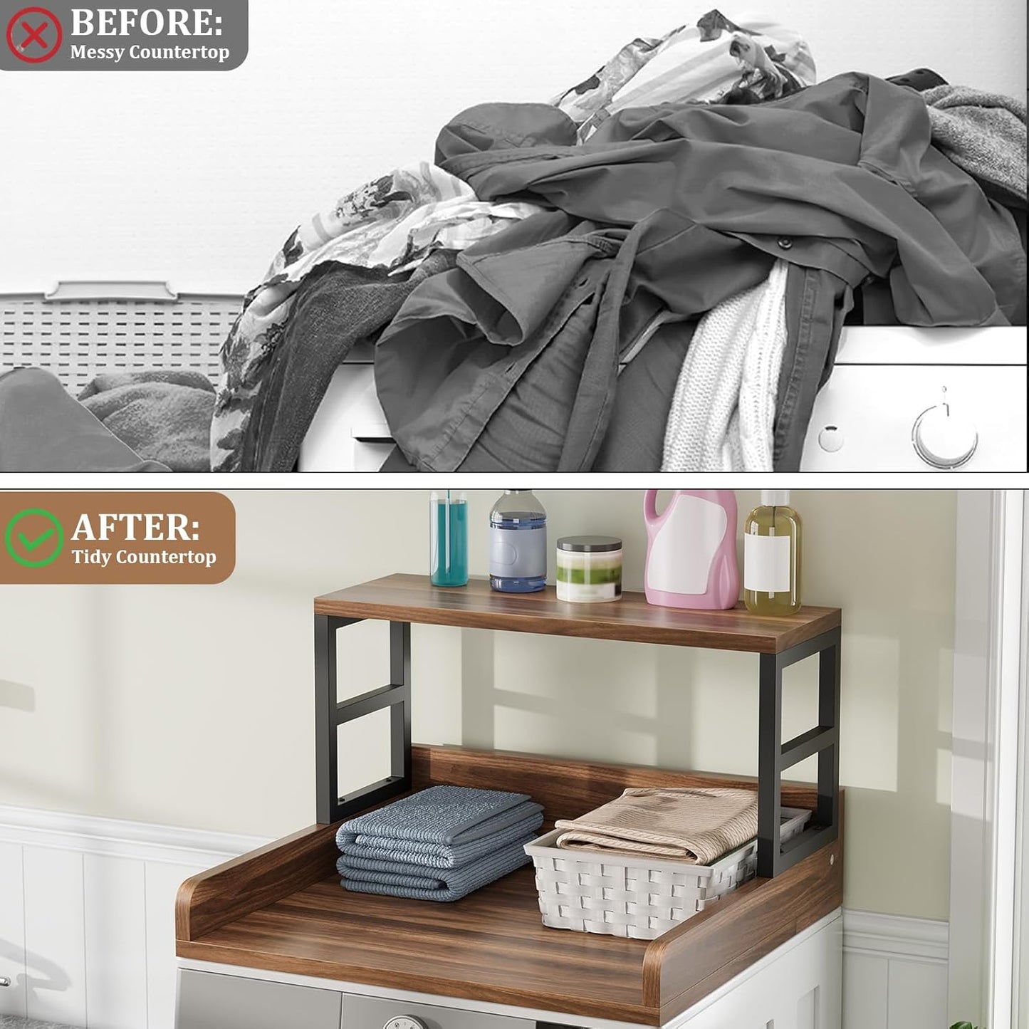 Washer Dryer Countertop with Shelf, 23.62″D x 23.62″W x 16.57″H, Countertop for Washer and Dryer Top with Non-Slip Pads and Edge Rails, Laundry Room Storage and Organization(Black)