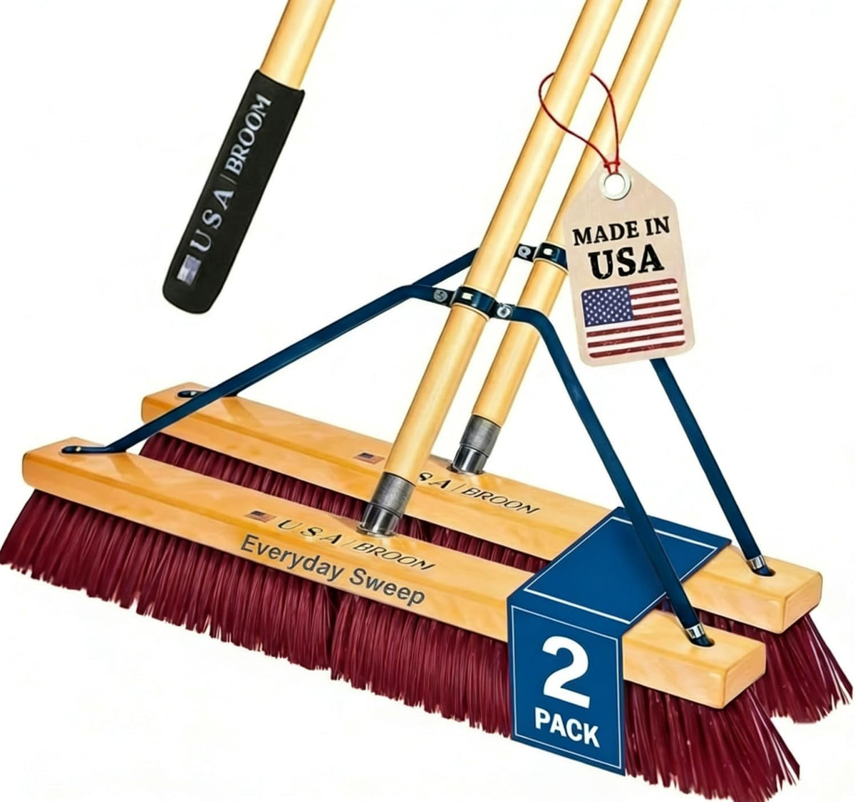36" Heavy Duty Outdoor Push Broom with 60" Handle. Ideal for Asphalt, Concrete & Heavy Debris. Durable American Made Steel Brackets-Stainless Steel Hardware. No Plastic. 100% USA Made