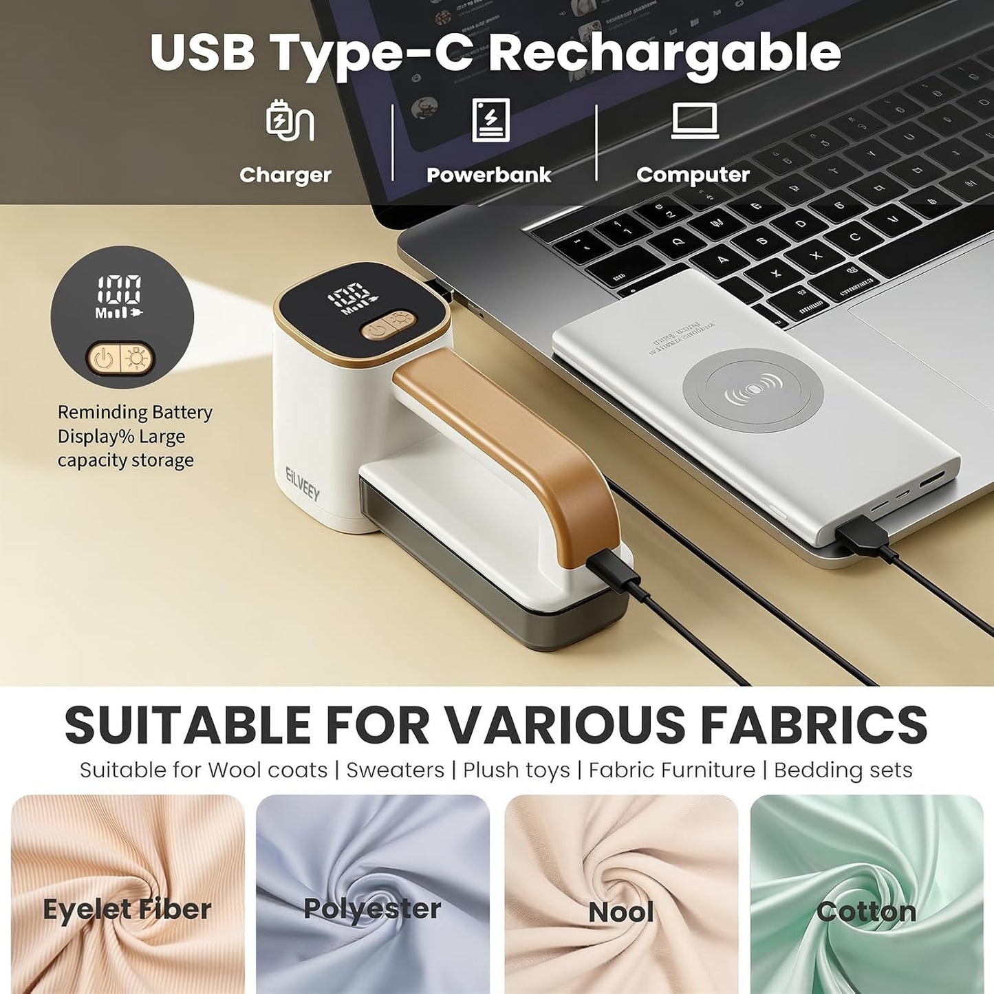 Eilveey Fabric Shaver for Clothing with 3 Replaceable Blades Working Light | Electric Lint Remover with 1800mAh Battery, 2-3H Long Runtime, 3-Speed LED Display, Stainless Steel Safety Guard