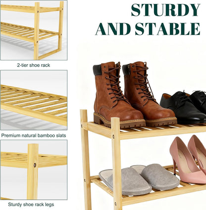 4 Tier Bamboo Wooden Shoe Rack for Closet & Entryway, Free Standing Shoe Rack Stand Organizer Shelf for Garage, Bedroom, Small Space Storage, Stackable