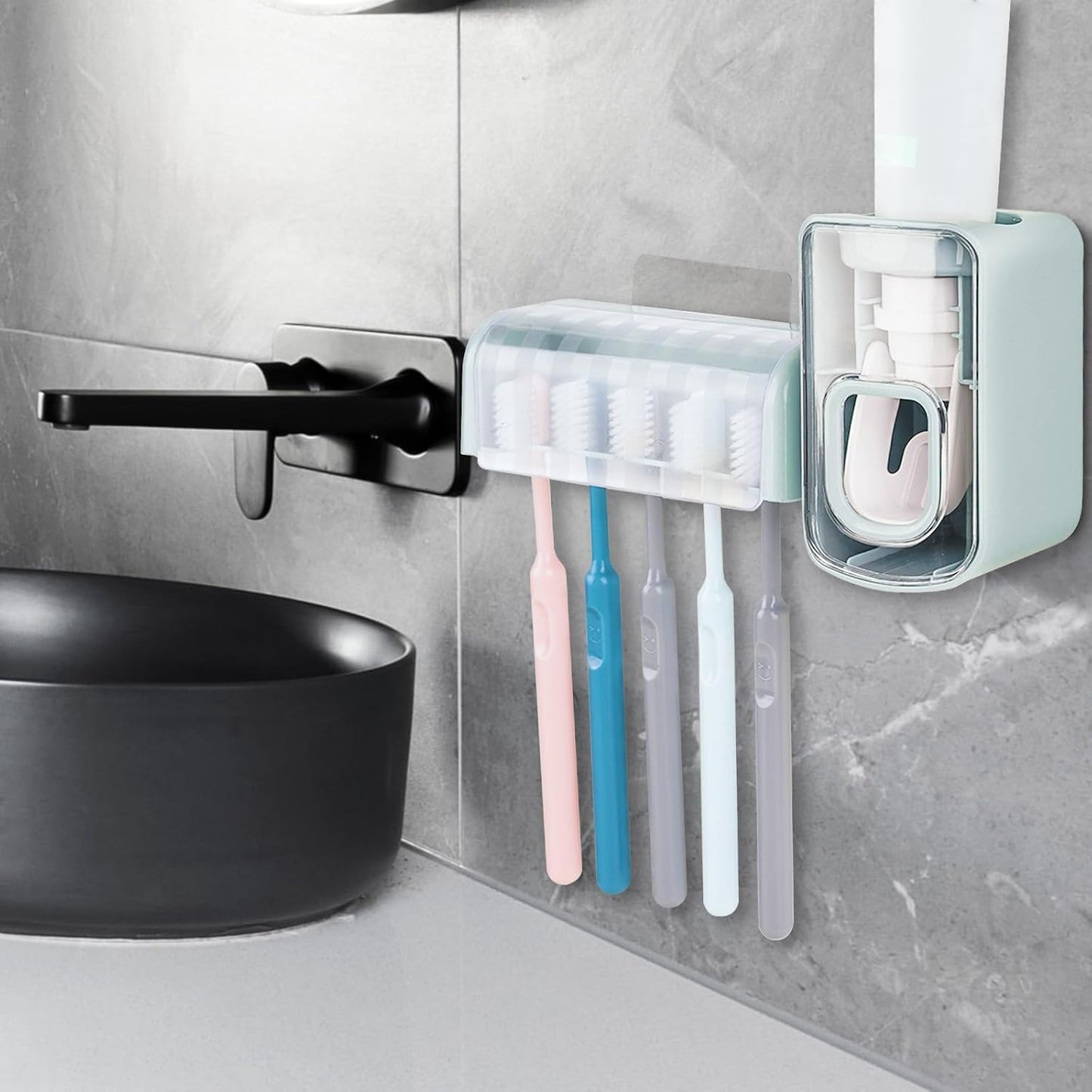 5 Slots Wall Mount Toothbrush Holder with Cover, Self Adhesive Toothbrush Storage Organizer for Shower, Toothbrush Hanger with Automatic Toothpaste Squeezer Dispenser
