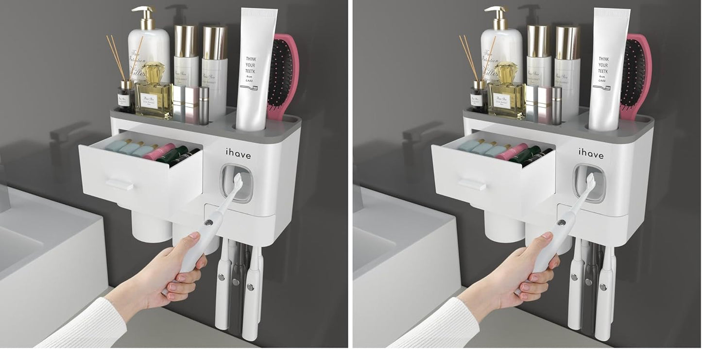 iHave Toothbrush Holders for Bathrooms, 2 Cups Toothbrush Holder Wall Mounted with Toothpaste Dispenser - Large Capacity Tray, Cosmetic Drawer - Tooth Brushing Holder & Bathroom Accessories