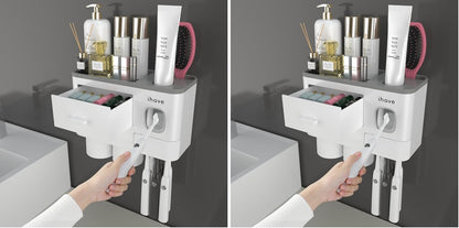 iHave Toothbrush Holders for Bathrooms, 2 Cups Toothbrush Holder Wall Mounted with Toothpaste Dispenser - Large Capacity Tray, Cosmetic Drawer - Tooth Brushing Holder & Bathroom Accessories