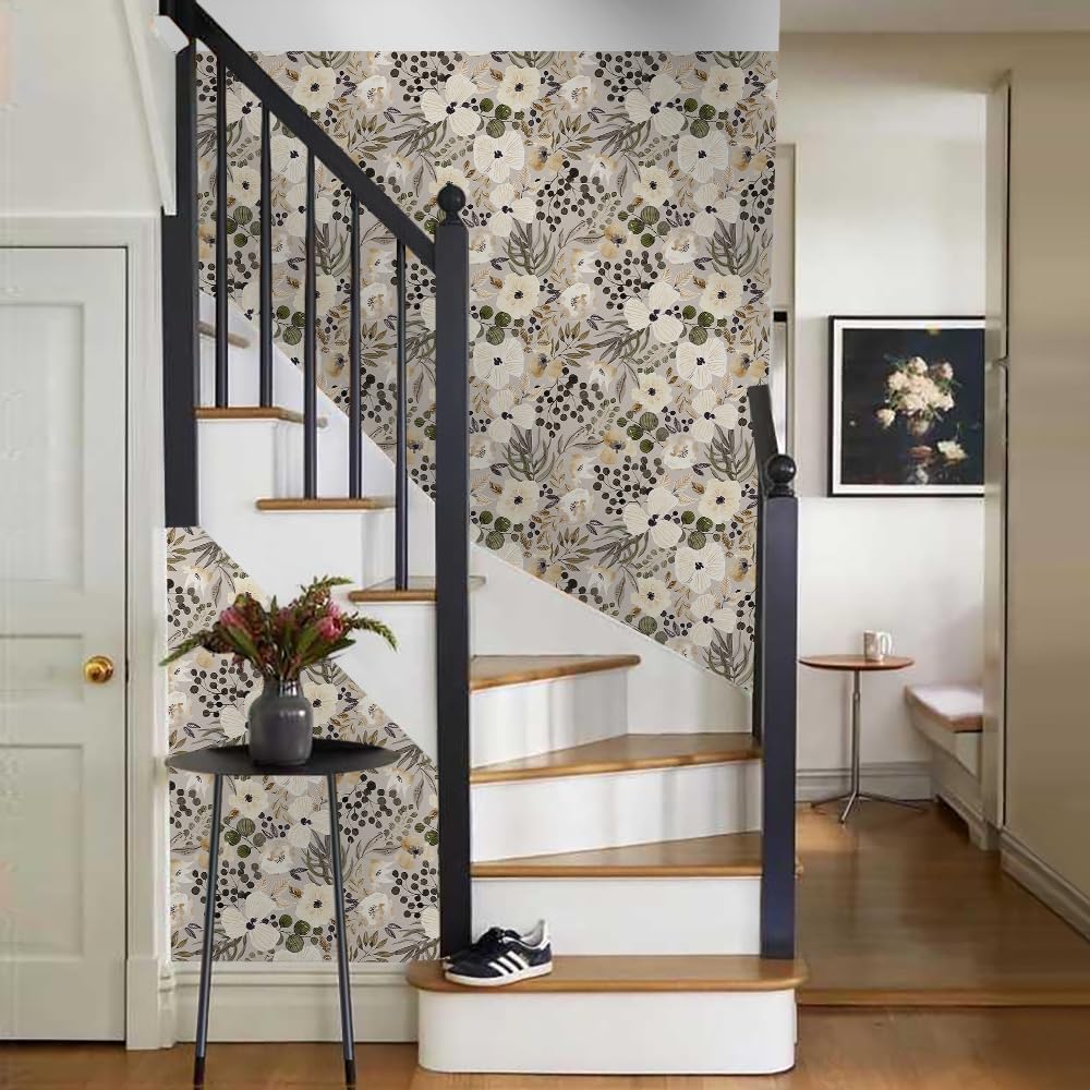 18"x236" Boho Cream/Brown Daisy Flower Peel and Stick Self Adhesive Wallpaper Removable Contact Paper Stick on Easy Peel Off Wall Paper for Kitchen Bedroom Bathroom Renter