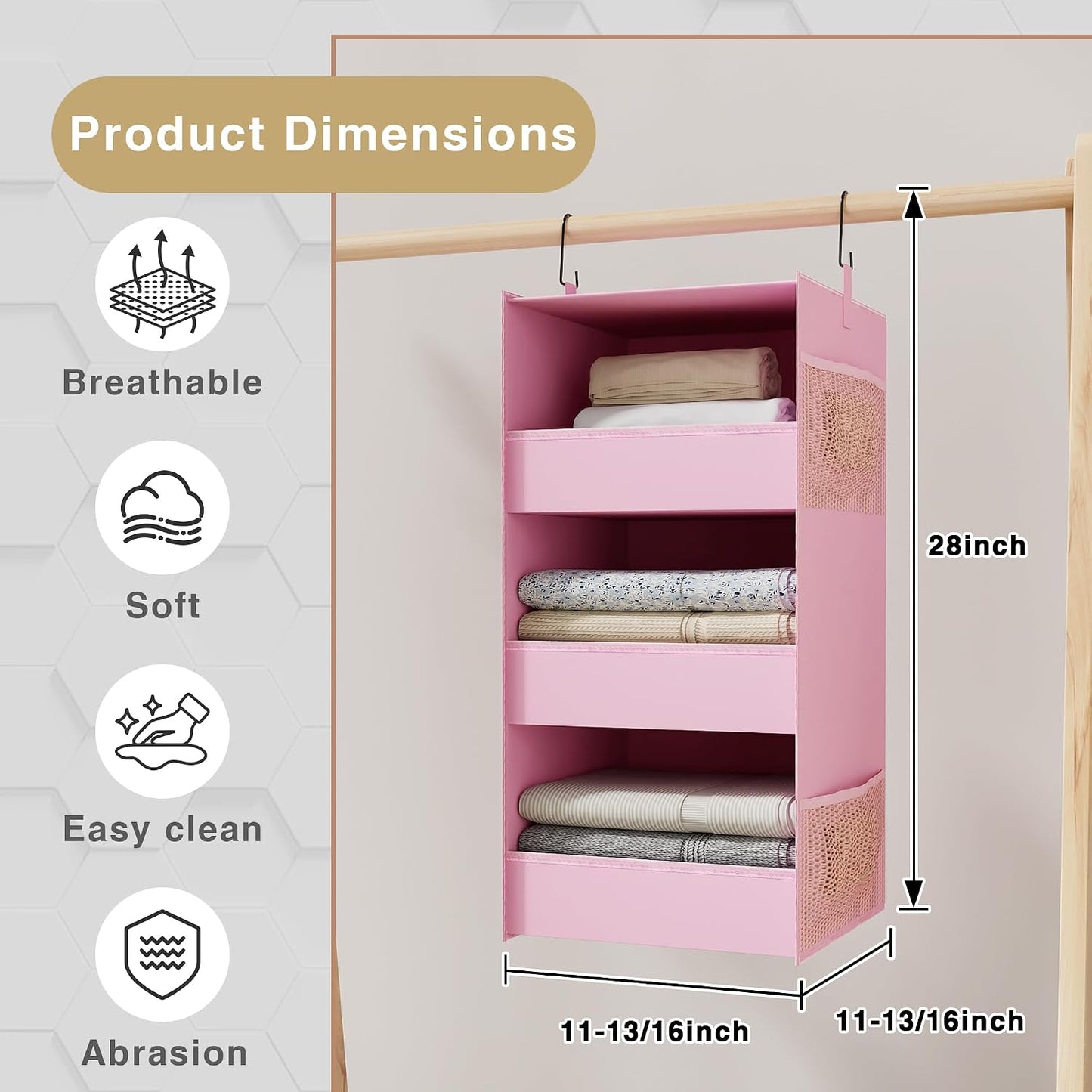 3-Shelf Hanging Closet Organizer, Washable Foldable Storage, Dark Gray | Front lip keeps items secure; side pockets add room; Oxford fabric handles towels, shirts, baby items, dorms, RVs or travel.