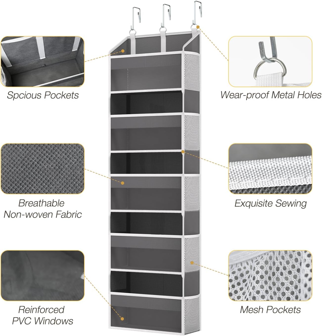 Over the Door Organizer with 5 Front & 10 MeshSide Pockets, 50LB Capacity Extra Large Nursery & Bathroom Hanging Storage Organizer Multi-Room Space-Saving Designwith 3 Hook for Kitchen, Pantry,Grey