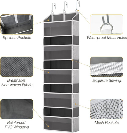 Over the Door Organizer with 5 Front & 10 MeshSide Pockets, 50LB Capacity Extra Large Nursery & Bathroom Hanging Storage Organizer Multi-Room Space-Saving Designwith 3 Hook for Kitchen, Pantry,Grey