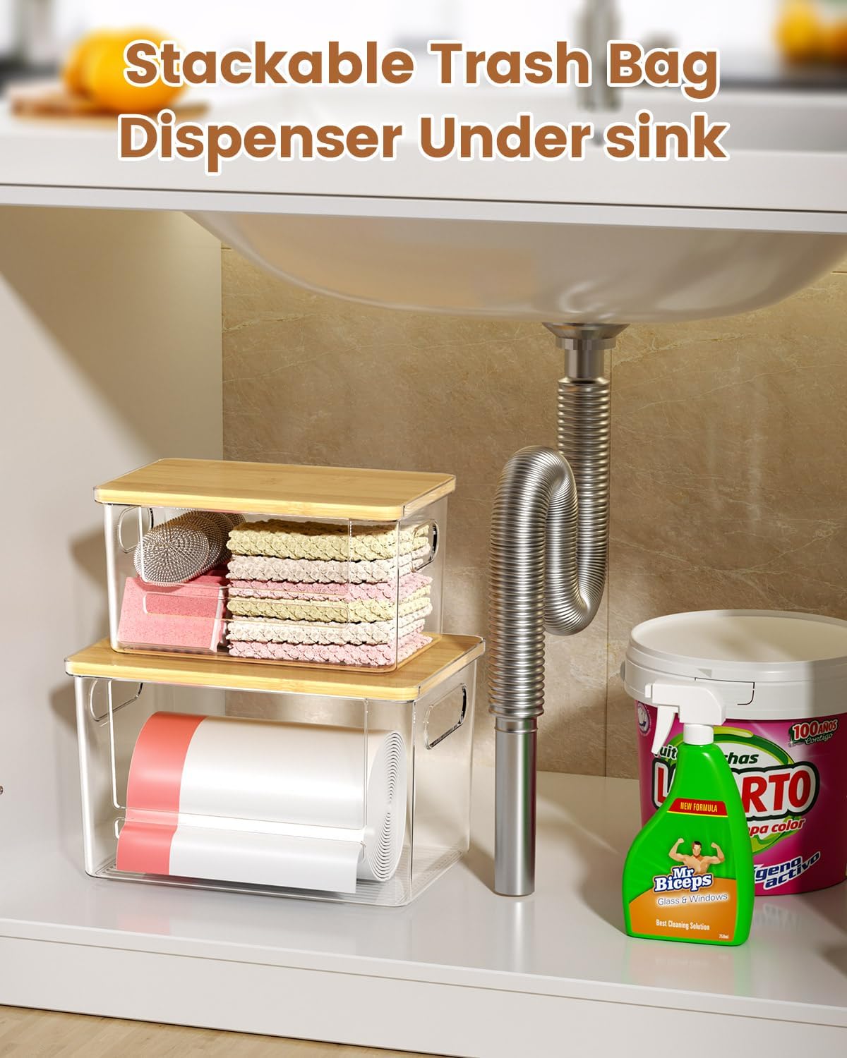 Trash Bag Dispenser 2 Pack - Under Sink Organizer, Plastic Bag Holder, Stackable Acrylic Garbage Bag Storage with Bamboo Lid for Kitchen Cabinet, 13/30/33 Gallon Grocery Bag Dispenser