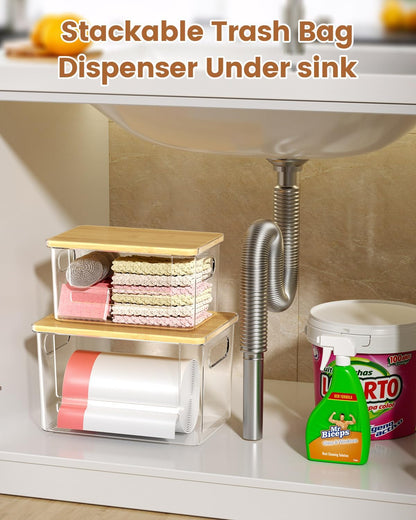 Trash Bag Dispenser 2 Pack - Under Sink Organizer, Plastic Bag Holder, Stackable Acrylic Garbage Bag Storage with Bamboo Lid for Kitchen Cabinet, 13/30/33 Gallon Grocery Bag Dispenser