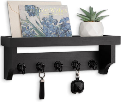 Key and Mail Holder Wall Mount, Key Holder with Shelf and Mail Organizer Wall Mount. Mail Holder with 5 Hooks for Coat, Dog Leash, Home Decor Rack, Entry Way Organizer (White)