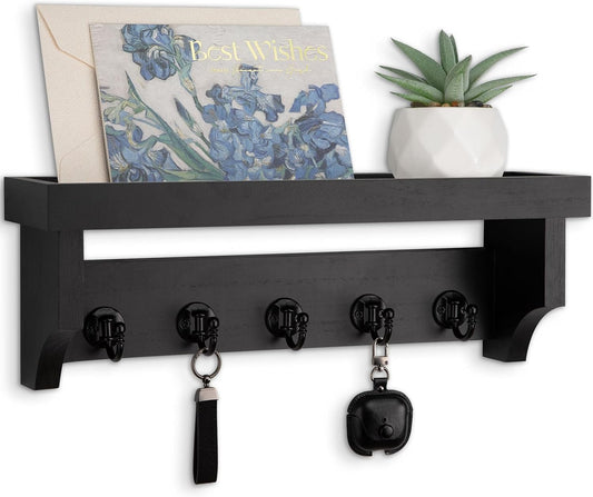 Key and Mail Holder Wall Mount, Key Holder with Shelf and Mail Organizer Wall Mount. Mail Holder with 5 Hooks for Coat, Dog Leash, Home Decor Rack, Entry Way Organizer (White)