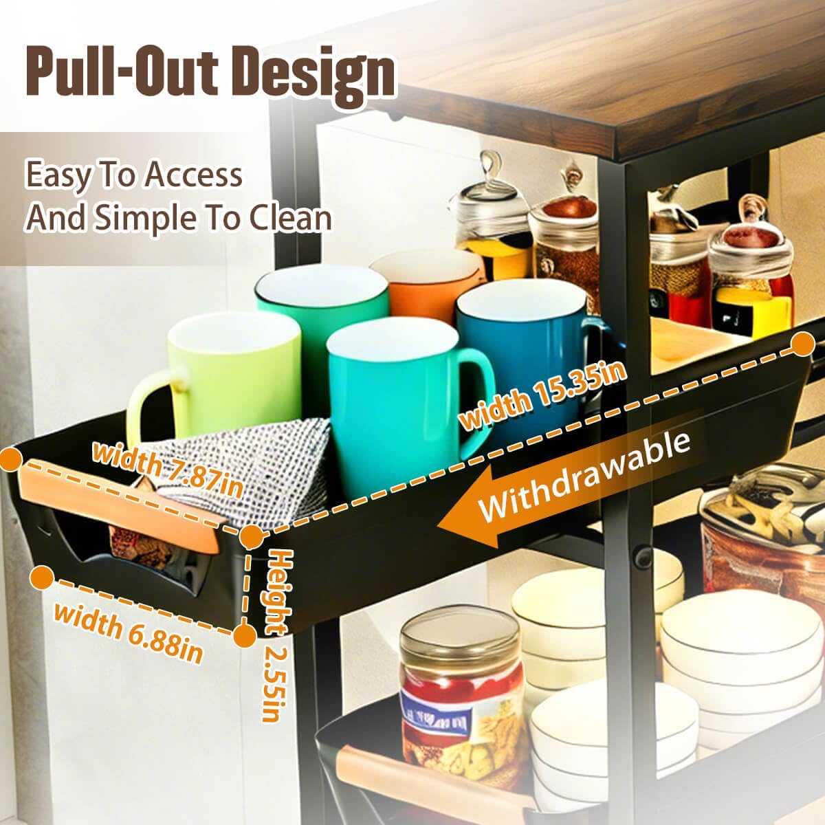 Slim Storage Cart with Wheels Pull-Out 5-Tier Rolling Storage Cart | narrow black 8.07in Wide, Mesh Baskets with Raised Edge, Wood-Grain Top, 360° Lockable Casters, Easy Assembly
