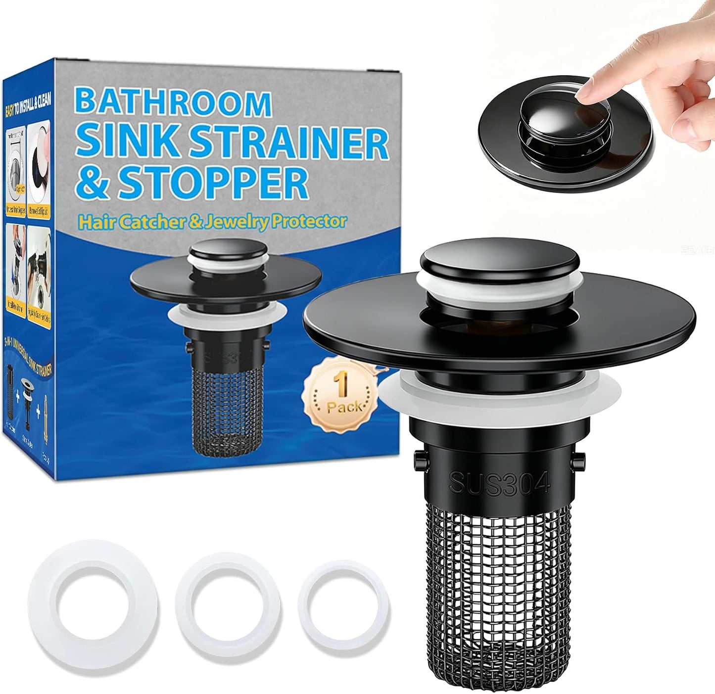 2PCS Bathroom Sink Stopper Strainer, Pop-Up Bathroom Sink Drain Strainer with Removable Stainless Steel Hair Catcher Basket, Universal Fit for US Bathroom Sinks, Bathtubs, Showers & Floor Drains