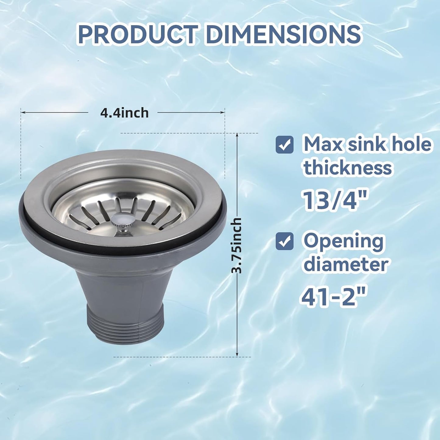 Premium 316 Stainless Steel Kitchen Sink Drain Assembly - 4.5" Strainer & Stopper with Deep Removable Basket, Adjustable Sliding Flange -cUPC Certified