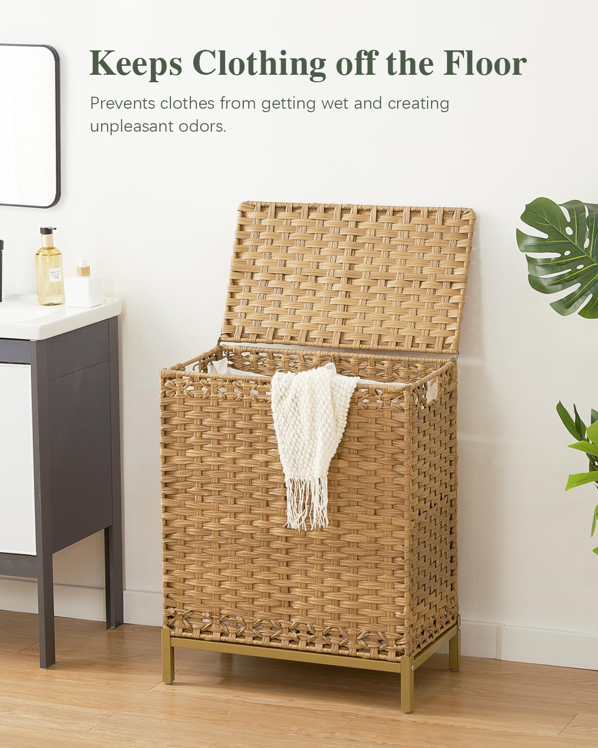 SETVSON Laundry Hamper with Lid 132 L, (35 Gallons) Clothes Hamper with Lid, Handwoven Rattan Laundry Hamper with Metal Heightened Feet, Laundry Hampers with 3 Removable Liner Bags for Laundry-Natural