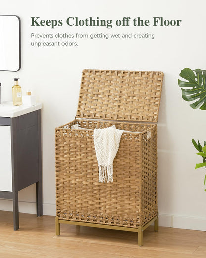 SETVSON Laundry Hamper with Lid 132 L, (35 Gallons) Clothes Hamper with Lid, Handwoven Rattan Laundry Hamper with Metal Heightened Feet, Laundry Hampers with 3 Removable Liner Bags for Laundry-Natural