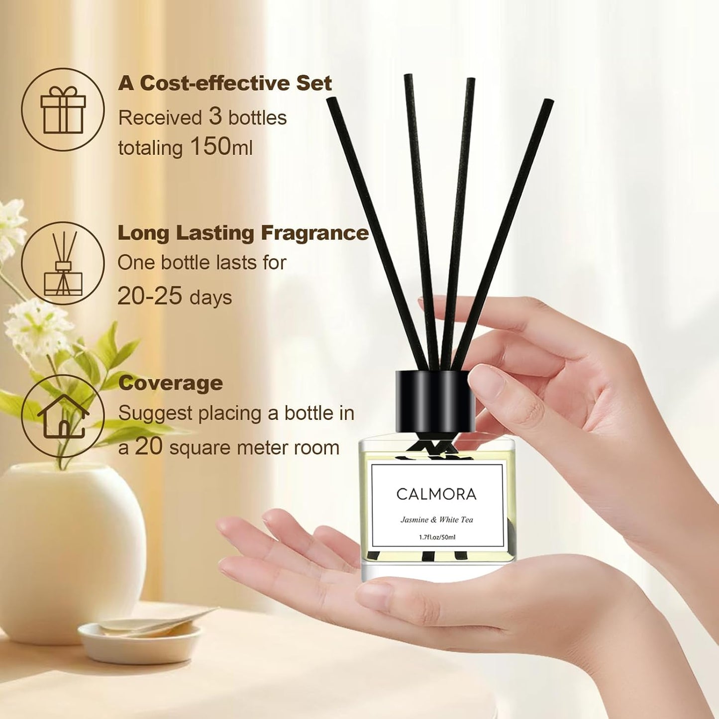 CALMORA Flameless Diffuser for Home, 3-Pack 50ml (1.7fl Oz) Essential Oil Reed Diffuser Set with 15 Sticks | Room Air Freshener for Bedroom, Bathroom for Women Men