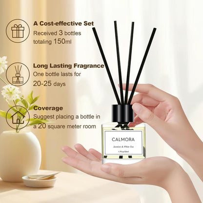 CALMORA Flameless Diffuser for Home, 3-Pack 50ml (1.7fl Oz) Essential Oil Reed Diffuser Set with 15 Sticks | Room Air Freshener for Bedroom, Bathroom for Women Men