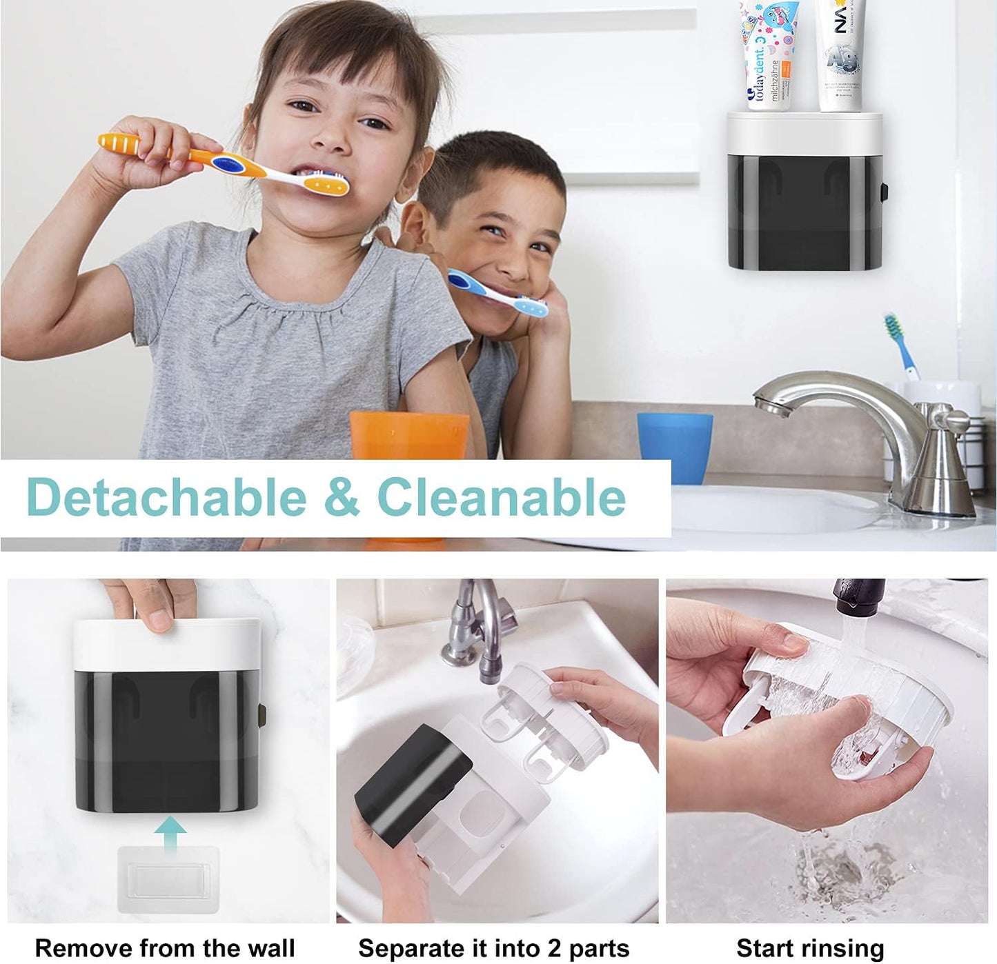 GFWARE Toothbrush Holder Toothpaste Dispenser Wall Mounted with Cover, 4 Slots Tooth Brush Storage Organizer with Automatic Kids Toothpaste Squeezers for Shower Bathroom Black