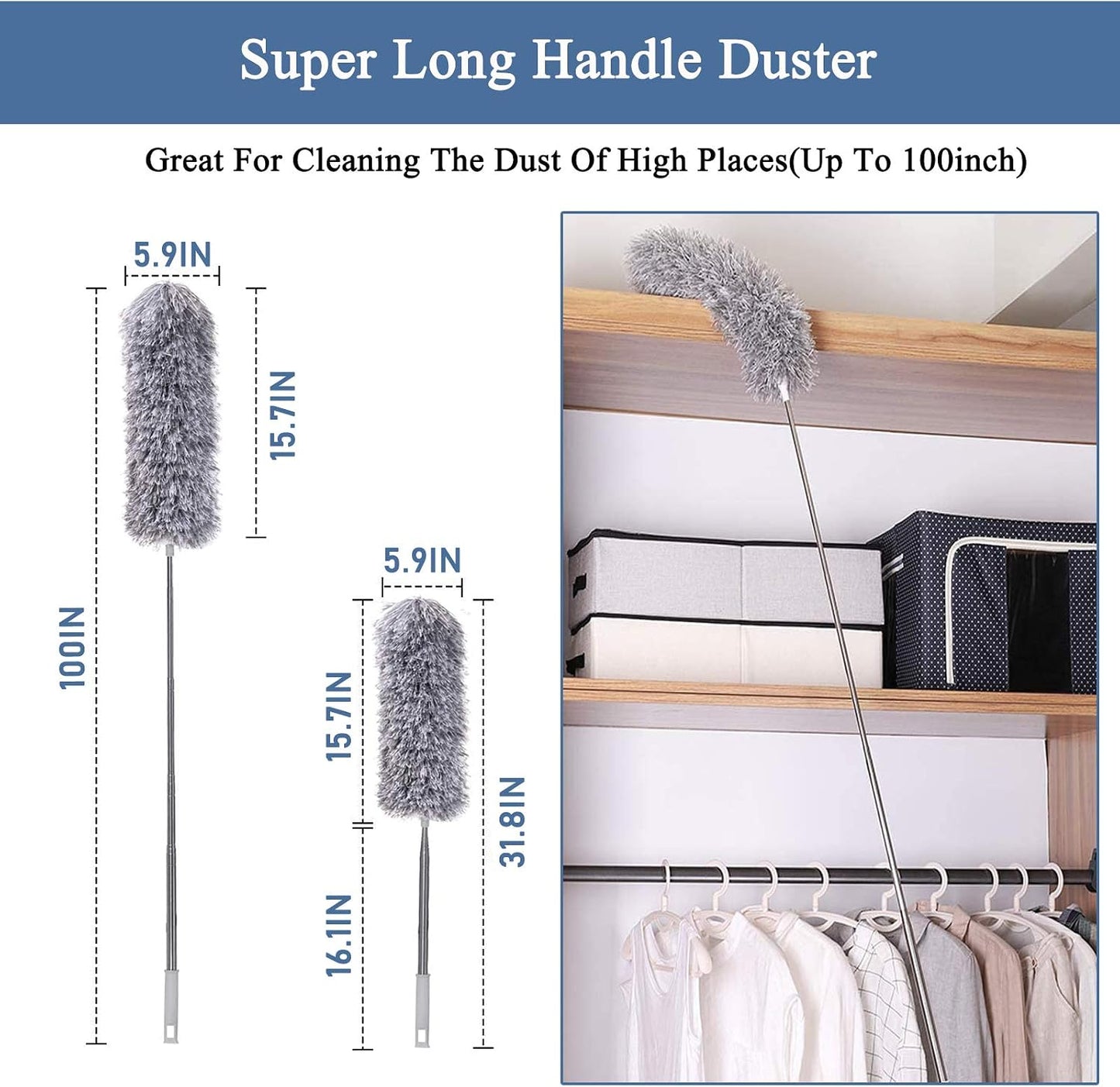 Microfiber Feather Duster, Extendable Cobweb Duster with 100 inches Extension Pole, Bendable & Washable & Lightweight Dusters for Cleaning Ceiling Fan, High Ceiling, Blinds, Webster, Furniture & Cars