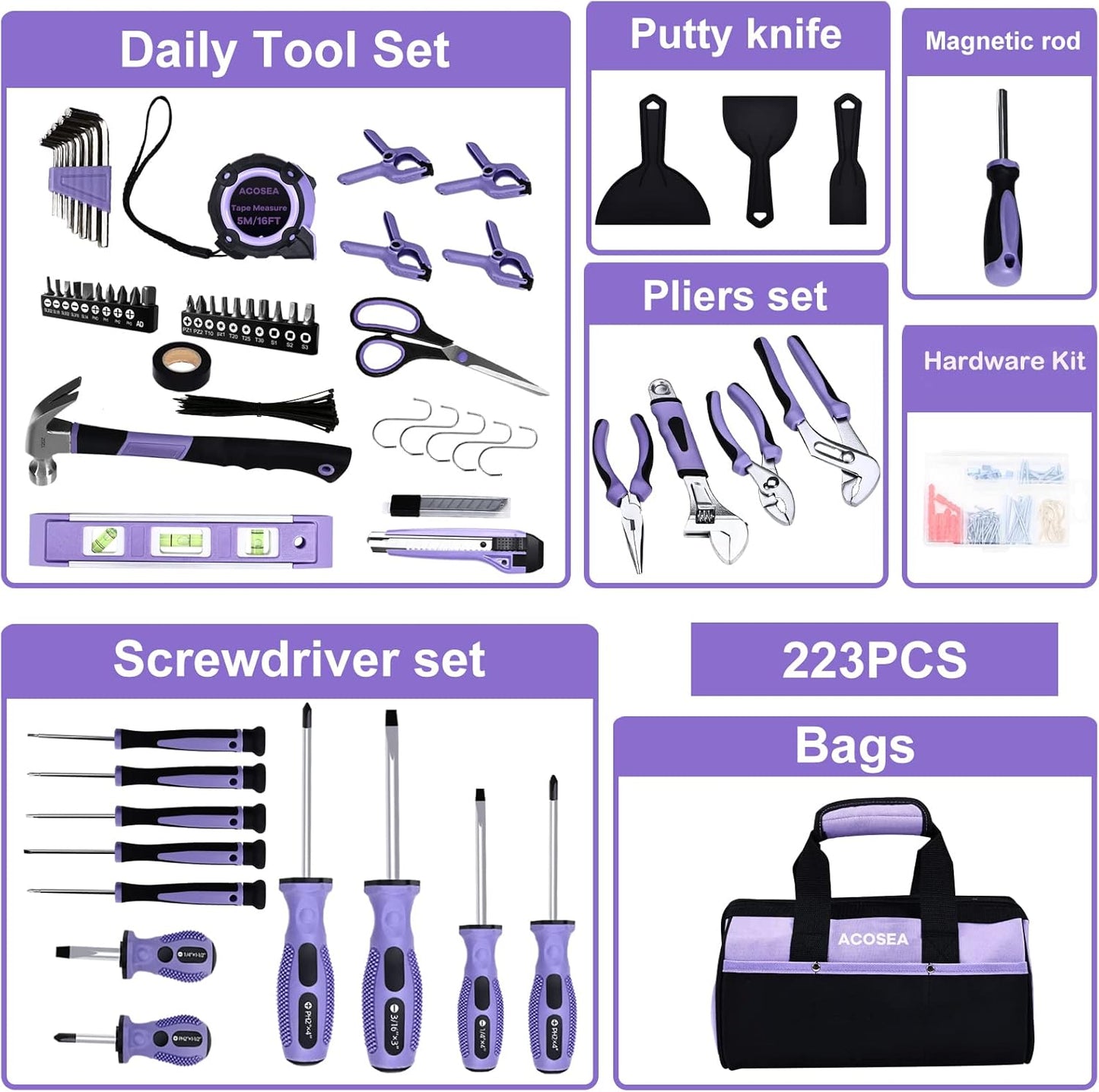 ACOSEA Purple Tool Set,223-Piece Tool Sets for Women,Tool Kit with 13-Inch Wide Mouth Open Purple Tool Bag,The Basic Tool Set is Perfect for Home Maintenance (PURPLE)