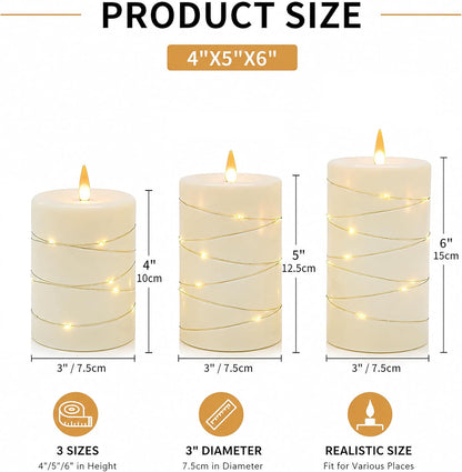 Flickering flameless candles, battery-powered, with string lights, remote control and timer functions, LED pillar candles (3-piece set) in ivory, suitable for home, party, and other decorations