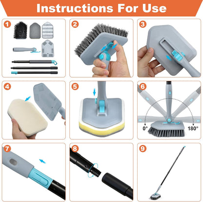 Long Handled Scrub Brush for Shower，3-in-1 Cleaning Brushes with 3 Different Function Cleaning Heads Brush for Shower Cleaning Bathroom Kitchen Walls Tub Tile